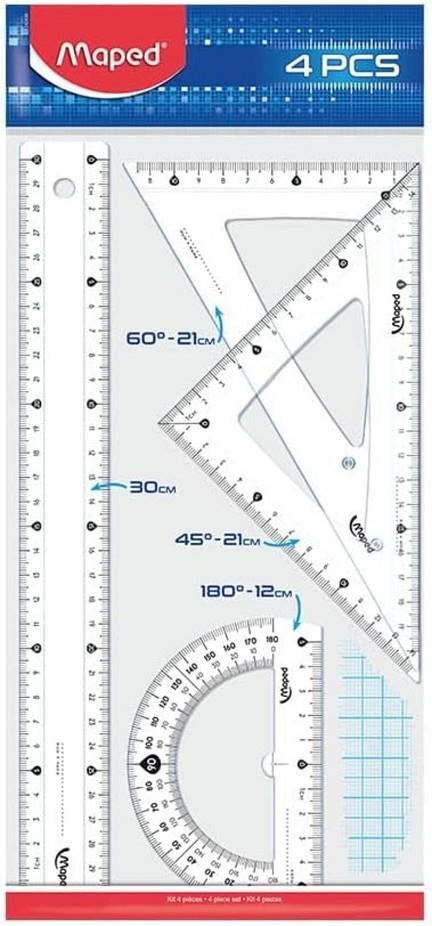 KIT DE 4 INSTRUMENTS DE GÉOMÉTRIE (2 ÉQUERRES, 1 RAPPORTEUR ET UNE RÈGLE DE 30 CM) | 3154142428301