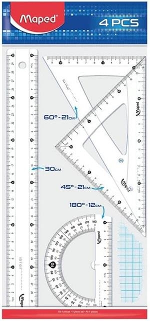 KIT DE 4 INSTRUMENTS DE GÉOMÉTRIE (2 ÉQUERRES, 1 RAPPORTEUR ET UNE RÈGLE DE 30 CM) | 3154142428301